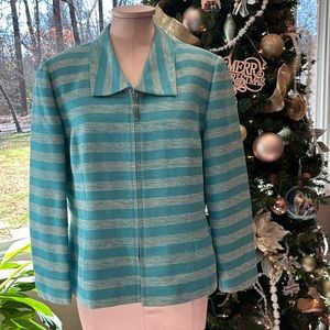 Vintage Anne Crimmins UMI Collection 100% Silk Turquoise Full Zip Front Size 14